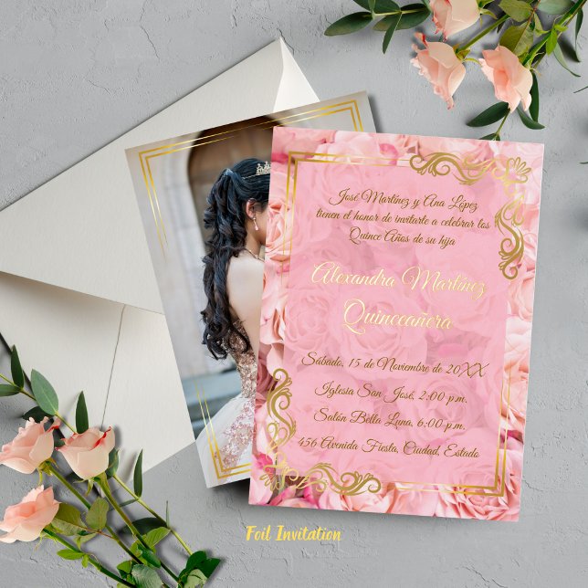 Rosa Rose Gold Quinceñera Folieneinladung (Von Creator hochgeladen)