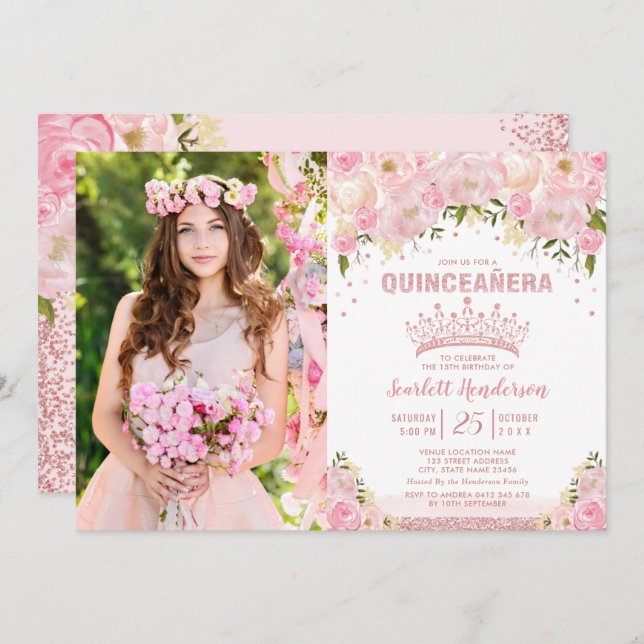 Rosa Rose Gold Quinceñera Geburtstag Einladung (Vorne/Hinten)