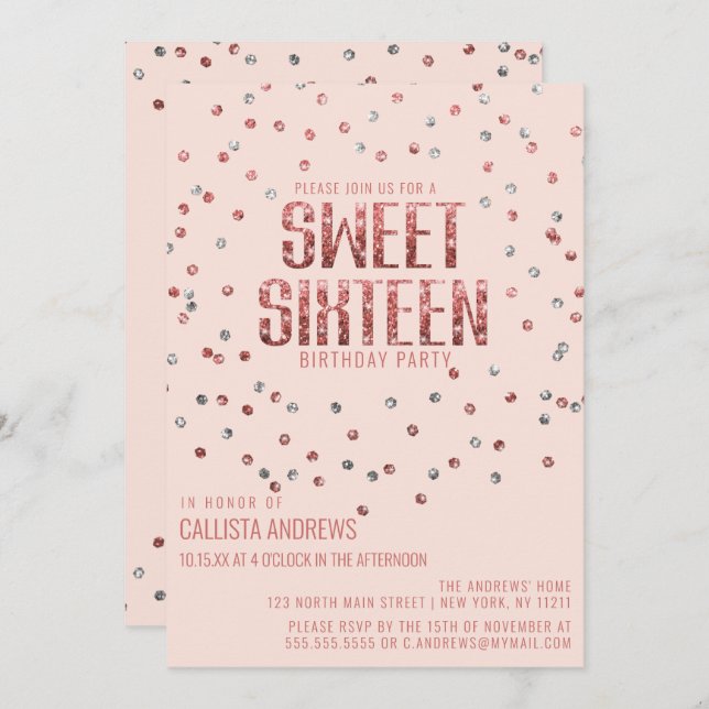 Rosa Rose Gold Silber Glitzer Confetti Sweet 16 Einladung (Vorne/Hinten)