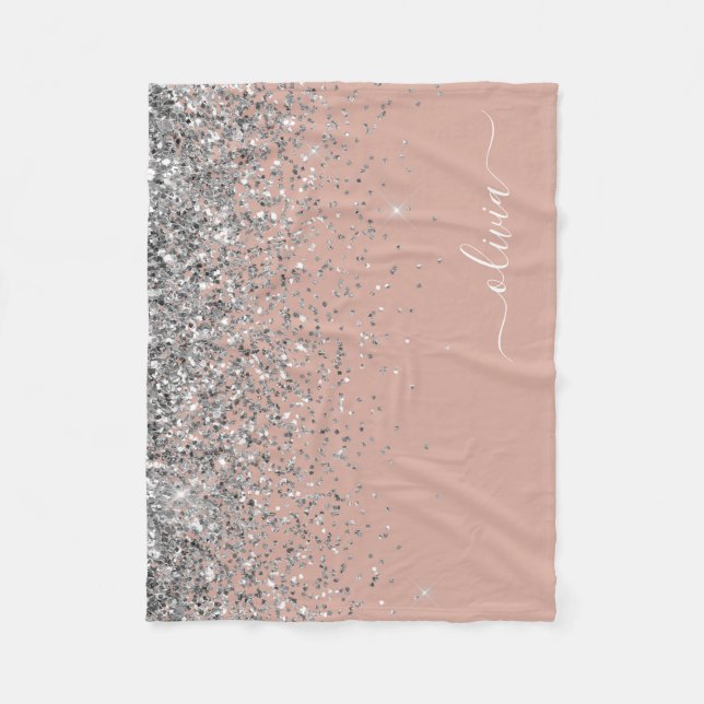 Rosa Rose Gold Silber Glitzer Monogram Fleecedecke (Vorderseite)