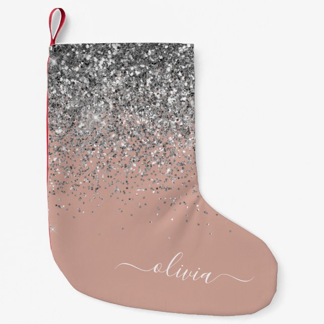 Rosa Rose Gold Silber Glitzer Monogram Kleiner Weihnachtsstrumpf (Vorderseite)