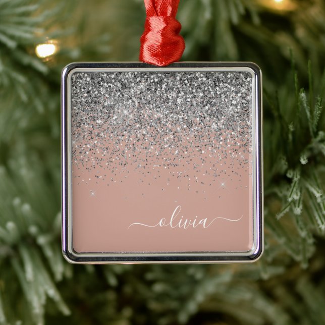 Rosa Rose Gold Silber Glitzer Monogram Ornament Aus Metall (Baum)