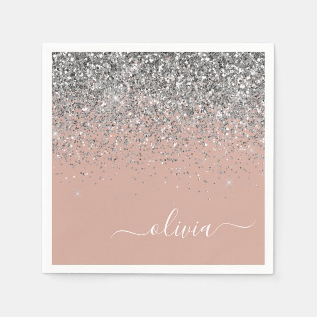 Rosa Rose Gold Silber Glitzer Monogram Serviette (Vorderseite)