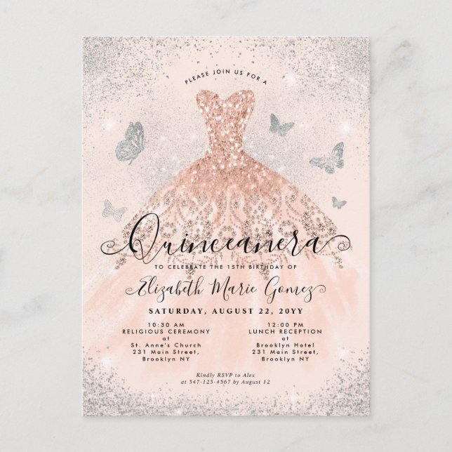 Rosa Rose Gold Silver Glitzer Quinceanera Postkarte (Vorderseite)
