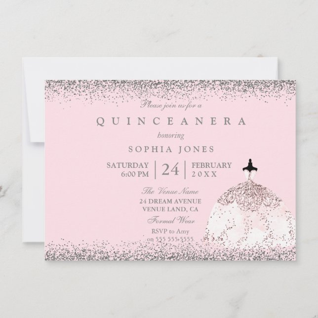 Rosa Rose Gold Silver Quinceanera Party Einladung (Rückseite)