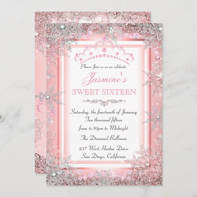 Rosa Rose Gold Silver Winter Wonderland Sweet 16 Einladung (Vorne/Hinten)