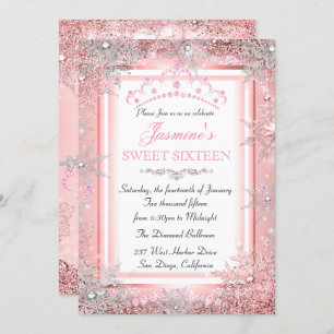 Rosa Rose Gold Silver Winter Wonderland Sweet 16 Einladung