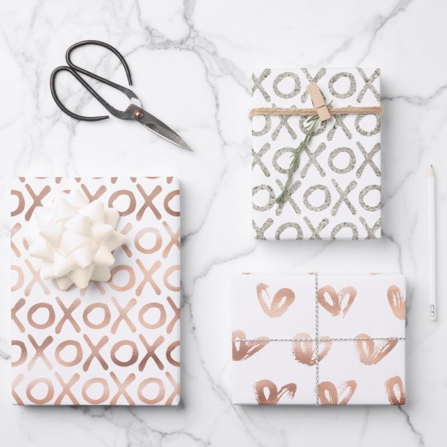 Rosa Rose Gold Silver XOXO Geschenkpapier Set (Vorderseite)