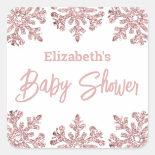 Rosa Rose Gold Snowflake Winter Baby Dusche Quadratischer Aufkleber