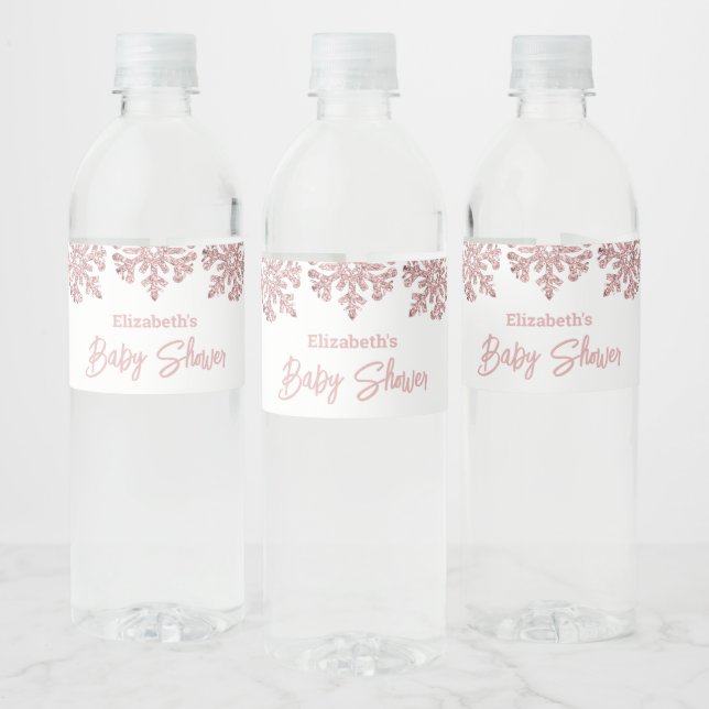 Rosa Rose Gold Snowflake Winter Baby Dusche Wasserflaschenetikett (Flaschen)