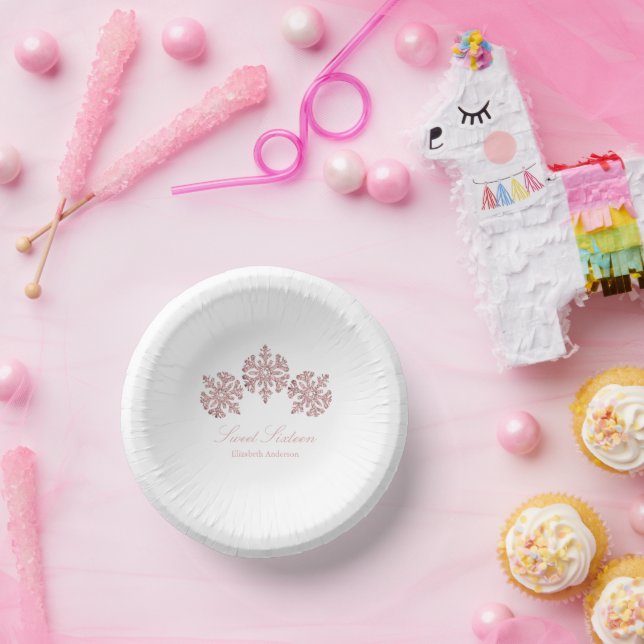 Rosa Rose Gold Snowflake Winter Sweet 16 Pappteller (Party)
