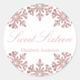 Rosa Rose Gold Snowflake Winter Sweet 16 Runder Aufkleber