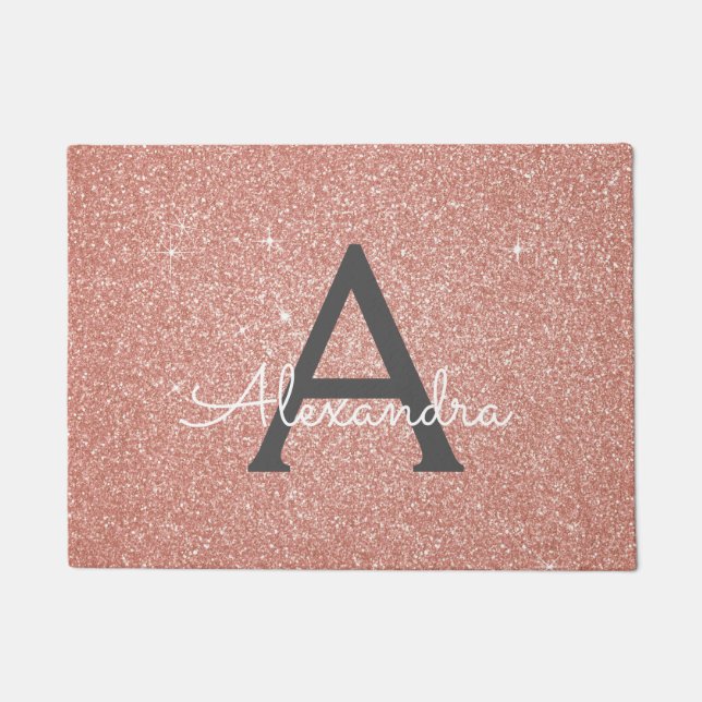 Rosa - Rose Gold Sparkle Glitzer Monogram Name Fußmatte (Vorderseite)