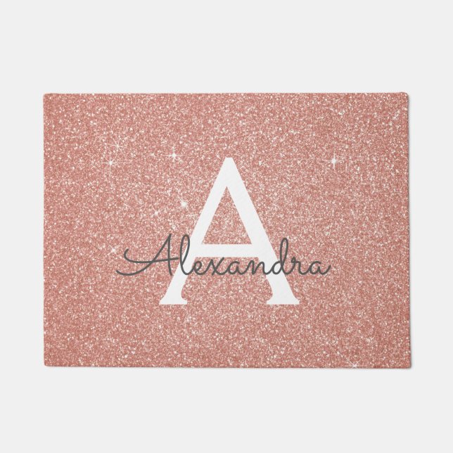 Rosa - Rose Gold Sparkle Glitzer Monogram Name Fußmatte (Vorderseite)