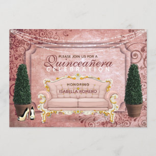 Rosa Rose Gold Topiary Garden Quinceañera Einladung