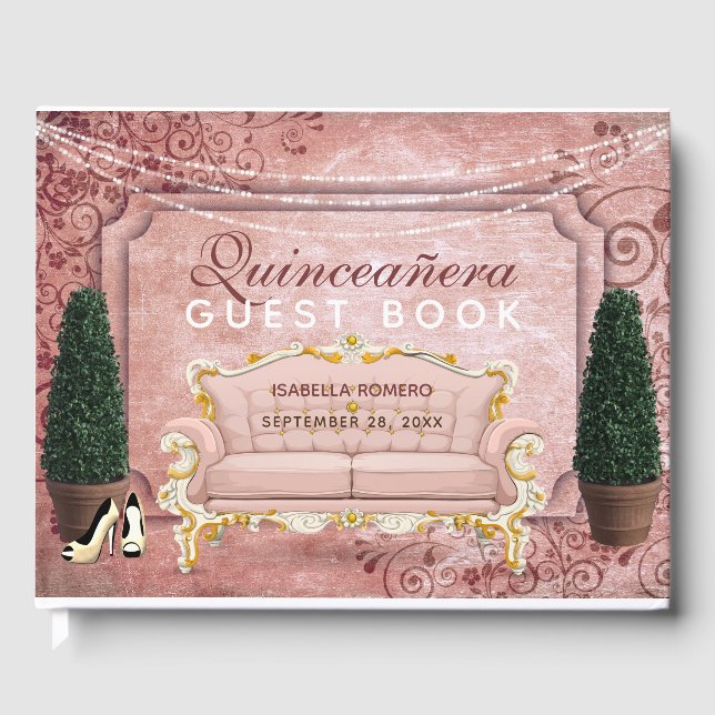 Rosa Rose Gold Topiary Garden Quinceañera Gästebuch (Vorderseite)