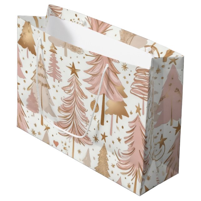 Rosa Rose Gold Weihnachtsbaumen Muster Große Geschenktüte (Vorderseite Schrägansicht)