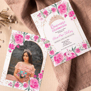 Rosa Rose Goldmedaille Prinzessin Quinceanera Einladung