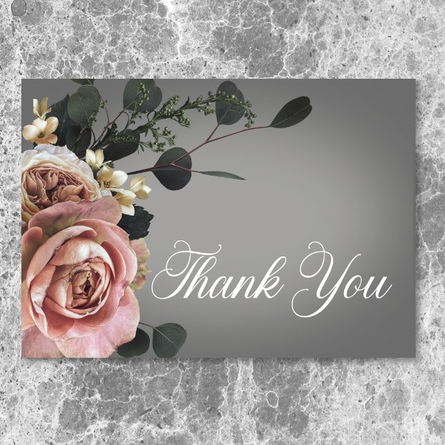Rosa Rose Grau Hochzeit Dankeskarte (Elegant Pink White Floral Roses Gray Wedding Thank You Card)