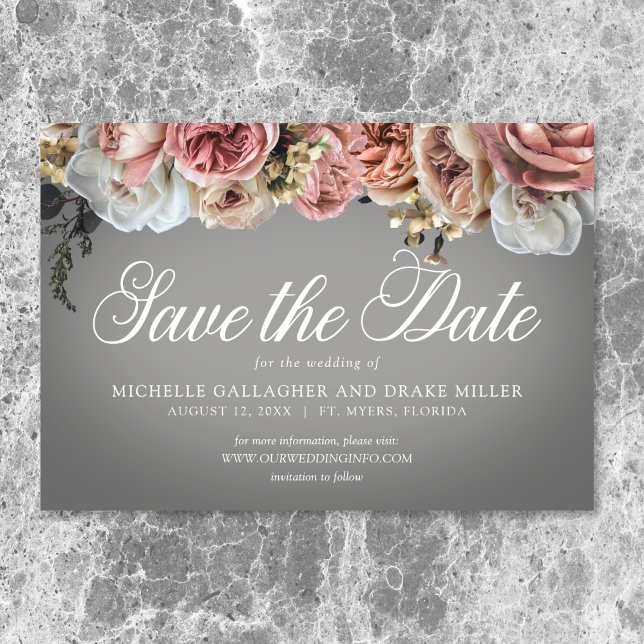 Rosa Rose Grau Hochzeit Save The Date (Elegant Pink White Floral Roses Gray Wedding Save The Date)