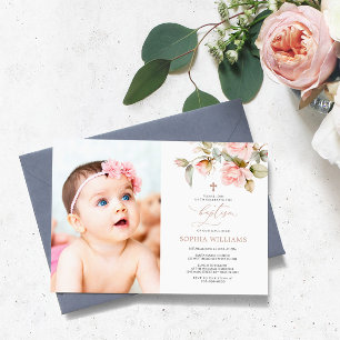 Rosa Rose & Grüne Foto Taufe Einladung