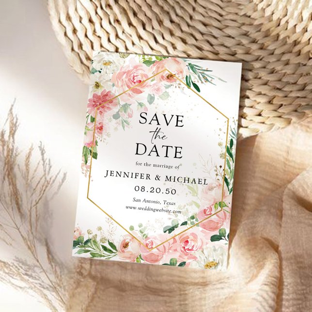 Rosa Rose Hexagon mit rosa Rose speichern Sie die  Save The Date (Von Creator hochgeladen)