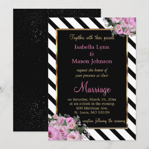 Rosa Rose Hochzeit Schwarz & Weiß Streifen Einladung