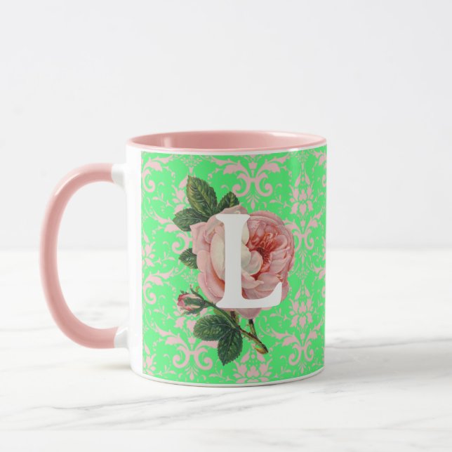 Rosa Rose Initial Vintag Green Pattern Tasse (Links)