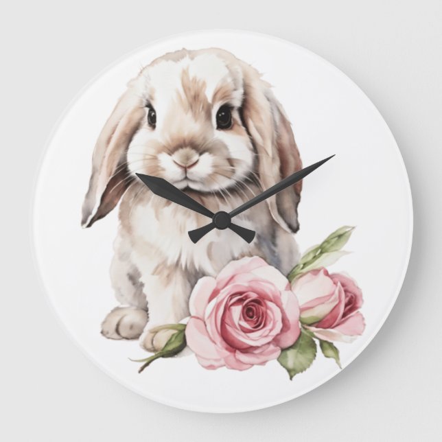 Rosa Rose Love Eared Bunny Rabbit Große Wanduhr (Vorderseite)
