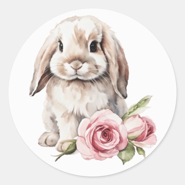 Rosa Rose Love Eared Bunny Rabbit Runder Aufkleber (Vorderseite)