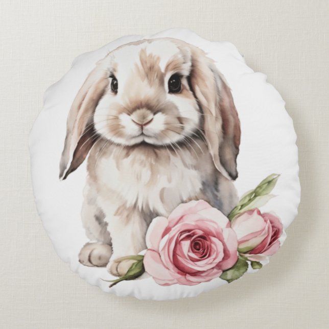 Rosa Rose Love Eared Bunny Rabbit Rundes Kissen (Rückseite)