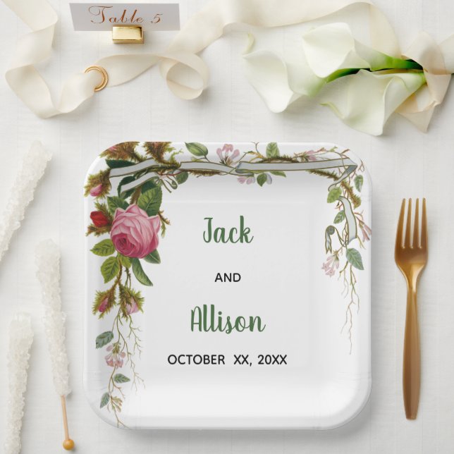 Rosa Rose Minimalistisches Blumengrün Pappteller (Hochzeit)