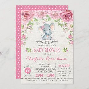 Rosa Rose mit Blumen Elefant Baby Dusche Einladung