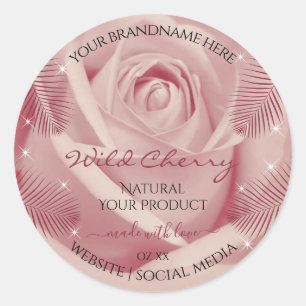 Rosa Rose mit Burgundy Palm Blätter Produktkennzei Runder Aufkleber