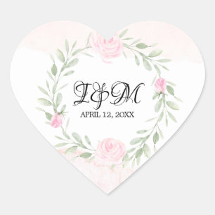 Rosa Rose Mit Monogramm Hochzeit Herz-Aufkleber