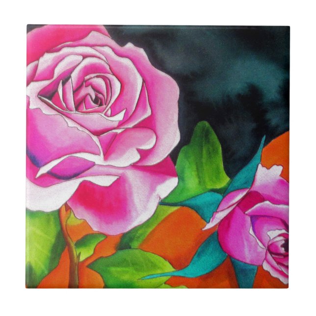 Rosa Rose mit orangefarbener Aquarellkunst Fliese (Vorderseite)