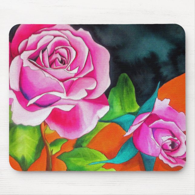 Rosa Rose mit orangefarbener Aquarellkunst Mousepad (Vorne)
