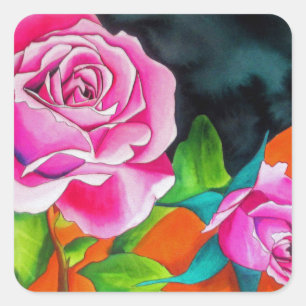 Rosa Rose mit orangefarbener Aquarellkunst Quadratischer Aufkleber