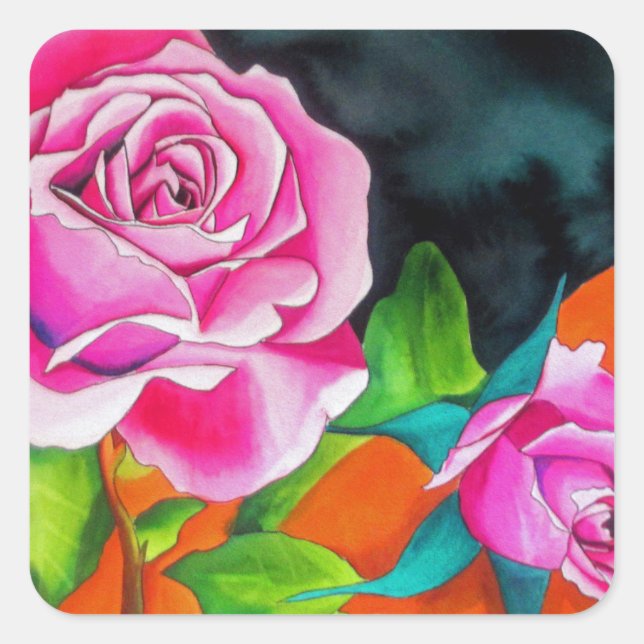 Rosa Rose mit orangefarbener Aquarellkunst Quadratischer Aufkleber (Vorderseite)