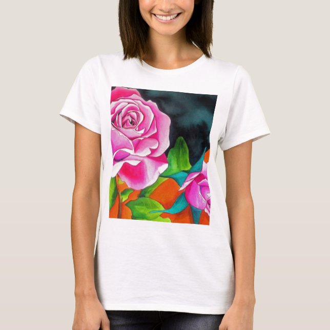 Rosa Rose mit orangefarbener Aquarellkunst T-Shirt (Vorderseite)