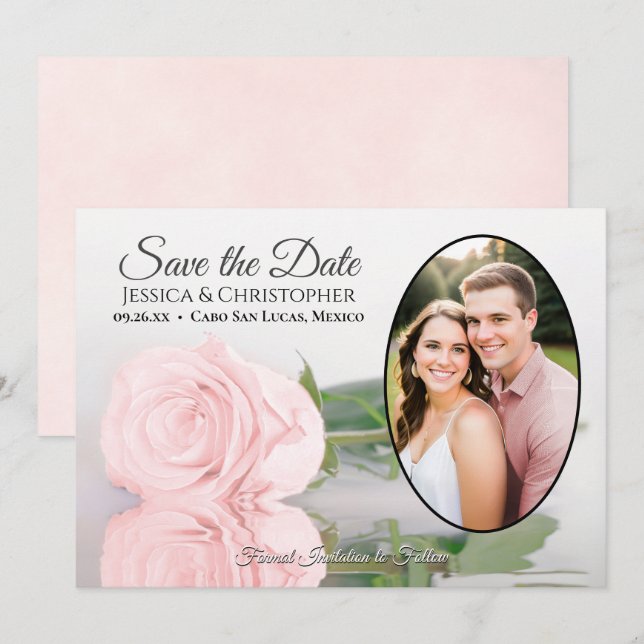 Rosa Rose mit Oval Foto Romantische Hochzeit Save The Date (Vorne/Hinten)