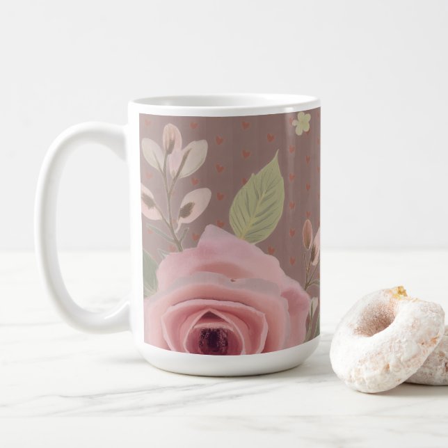 Rosa Rose mit Typografie Kaffeetasse (Mit Donut)