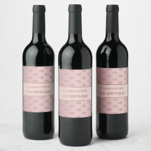 Rosa Rose-Monogramm-Initialen am Geburtstag Weinetikett
