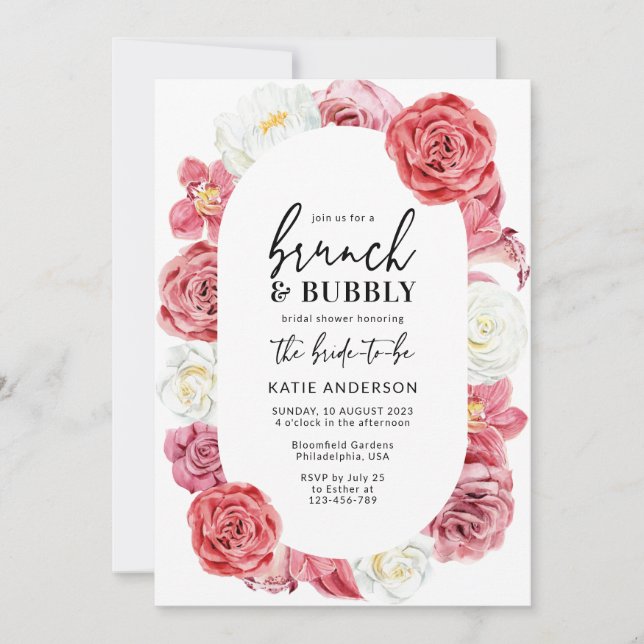 Rosa Rose Oval Brunch & Brause Dusche Einladung (Vorderseite)