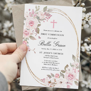 Rosa Rose Peony Floral Erste Heilige Kommune Einladung