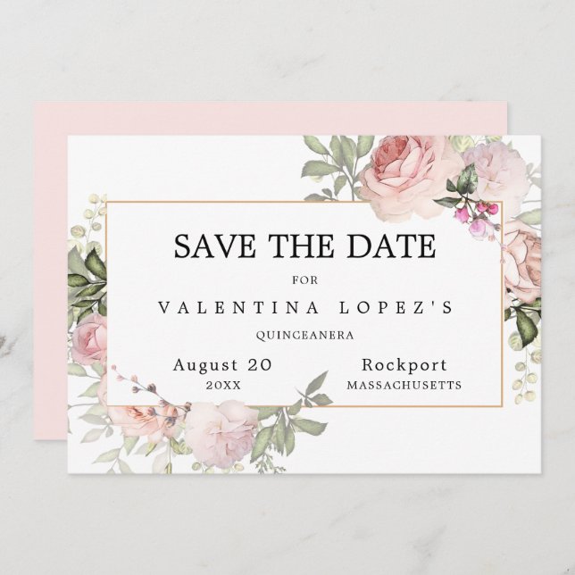 Rosa Rose Quinceanera Save The Date (Vorne/Hinten)