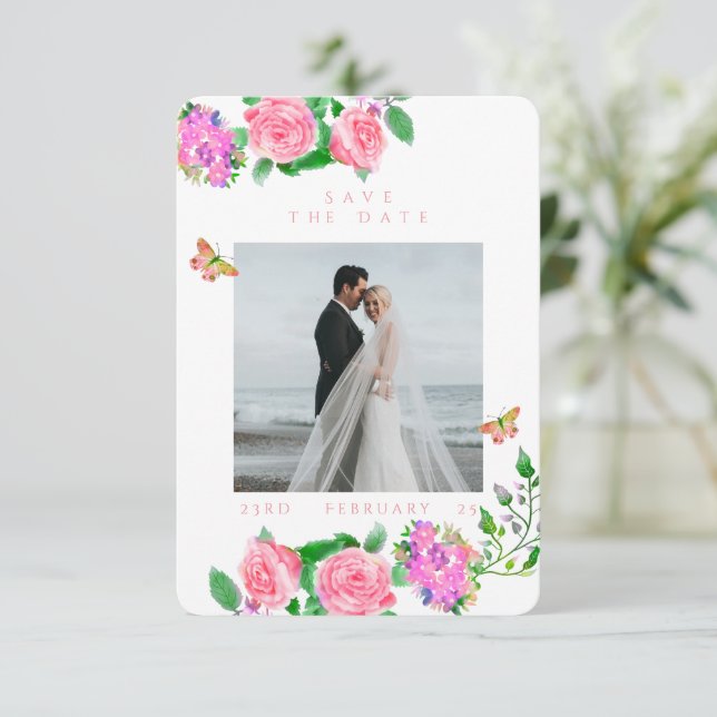 Rosa Rose Ribbon Monogram Foto Wedding Save The Date (Stehend Vorderseite)