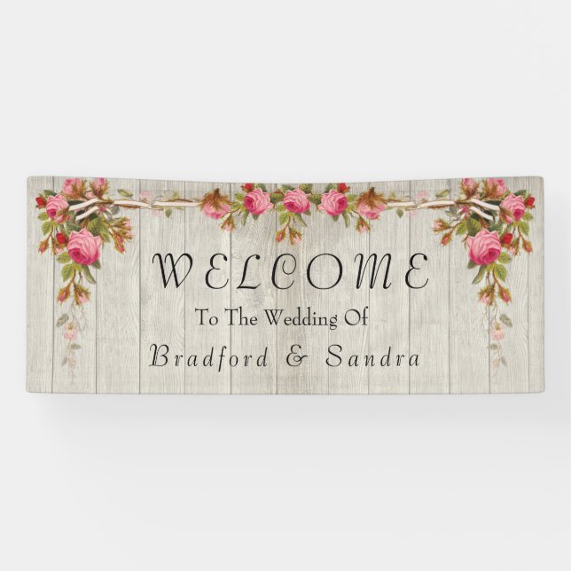 Rosa Rose Rustikale Hochzeit graue Barnholz-Banner Banner (Horizontal)