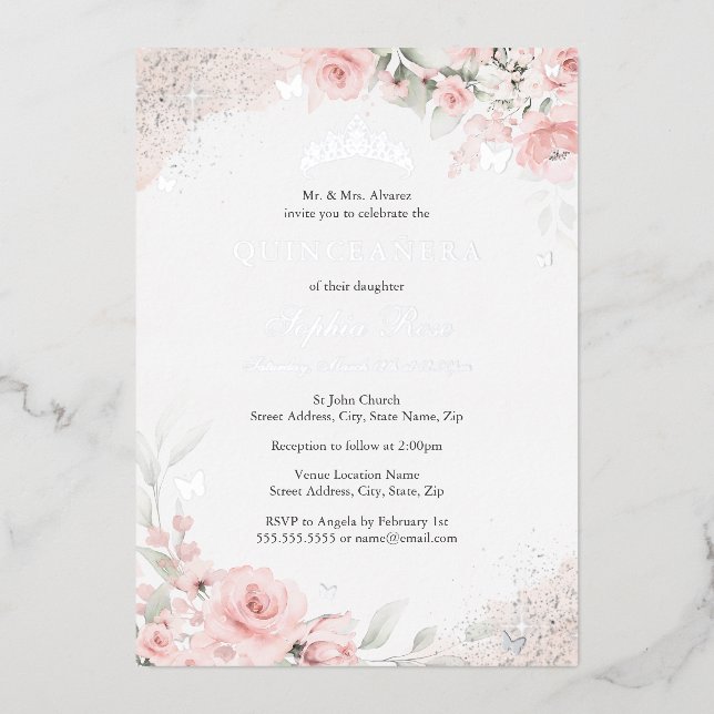 Rosa Rose Schmetterling Silber Quinceanera Folieneinladung (Vorderseite)
