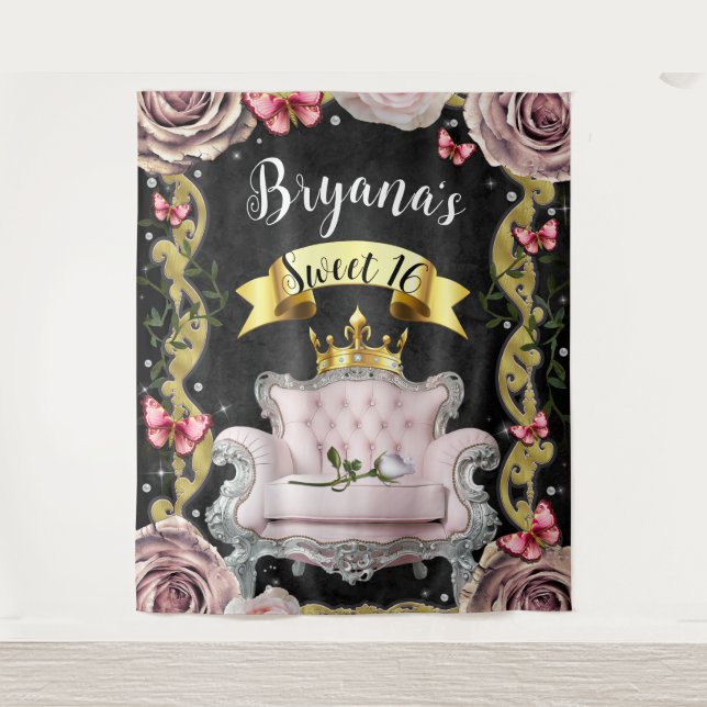 Rosa Rose Schmetterlinge Fotografie Hintergrund Wandteppich (Vorderseite)